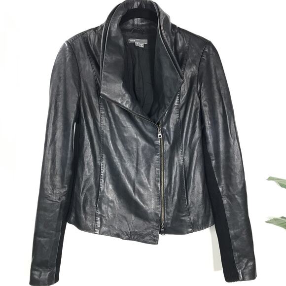 Vince Women's 100% Leather Zip Jacket Edgy Cross Front Rockabilly Moto Biker - Picture 1 of 10